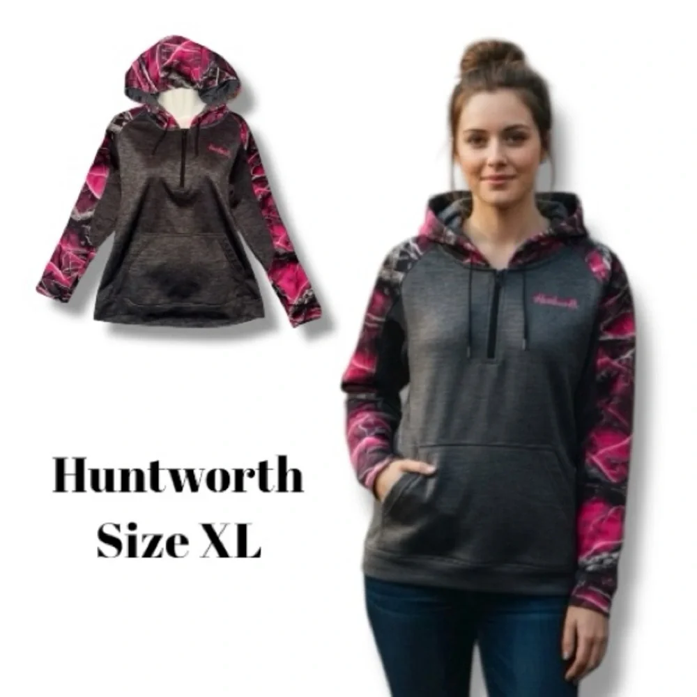 Huntworth Hoodie Pink Gray Camo Fleece Lined 1/2 Zip Pullover Women's XL - Picture 16 of 16